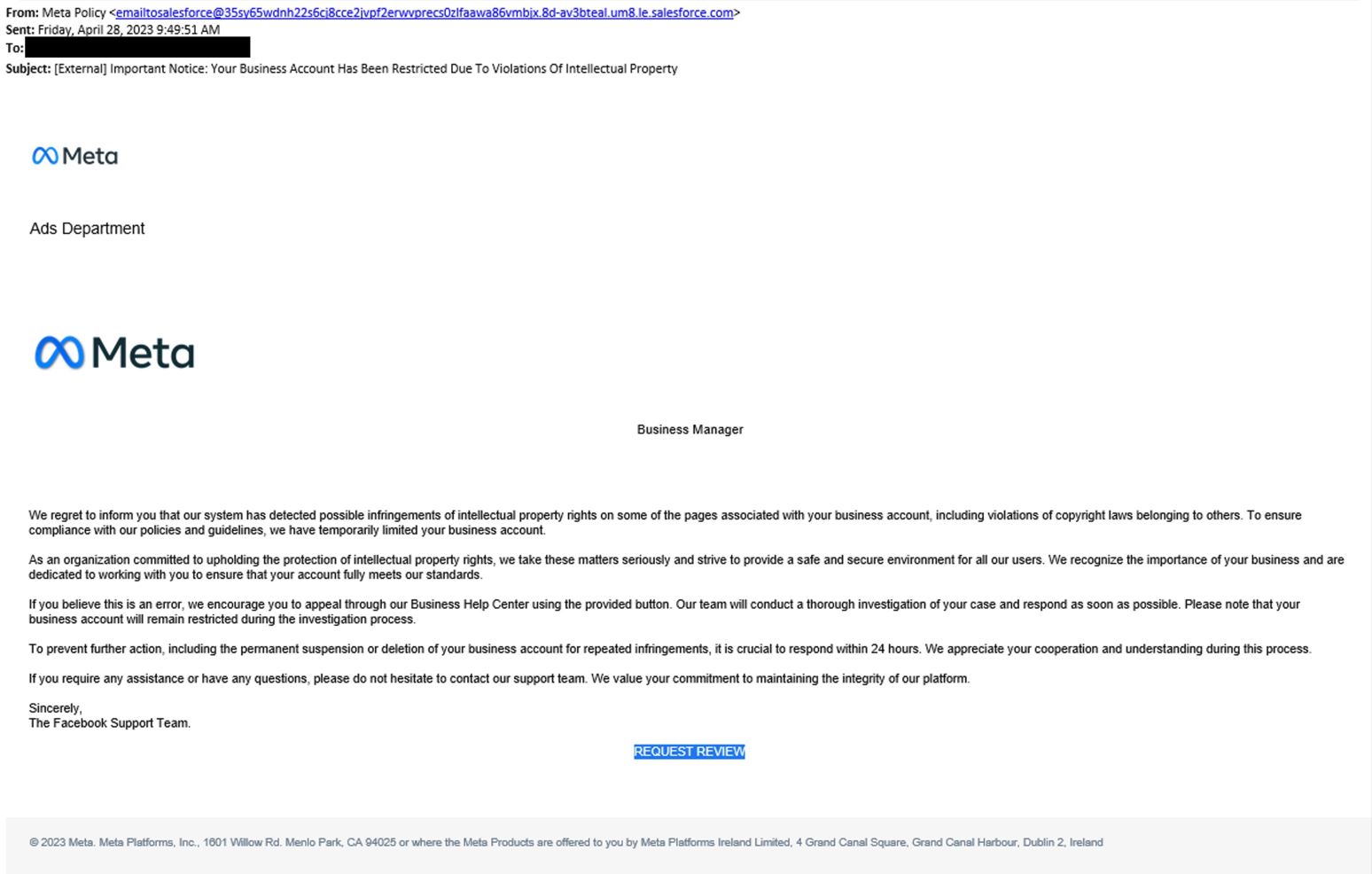 (안랩) ‘Meta’ 사칭해 기업 페이스북 계정 노리는 피싱 메일 본문.JPG