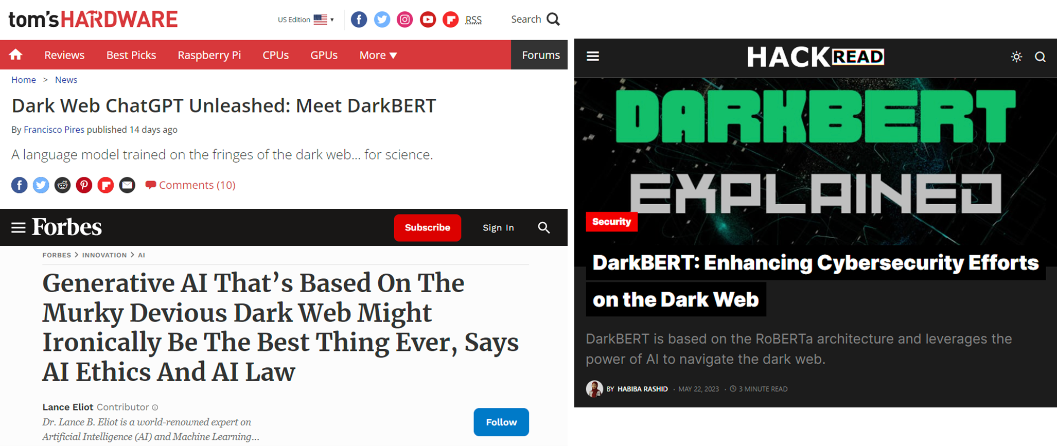 DarkBERT의 출현을 다크웹용 ChatGPT로 기대감을 나타낸 (미)톰스하드웨어 외 여러 외신.png