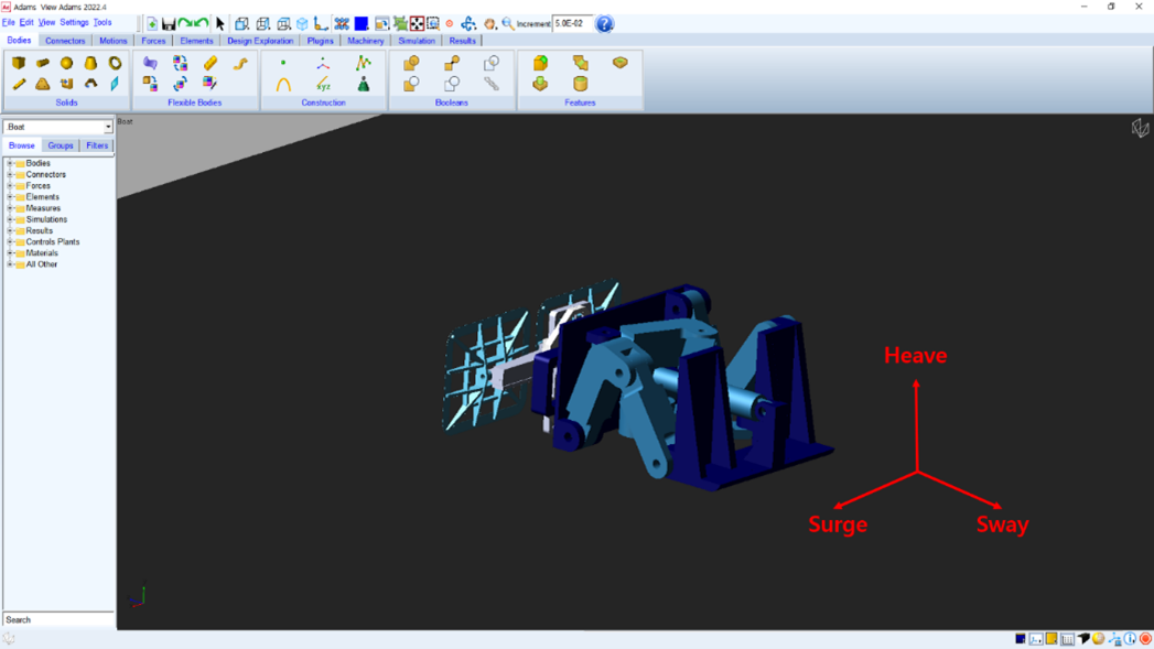선박의 해상환경에서의 움직임과 계류장치를 아담스(Adams)상에서 구현한 모습.png