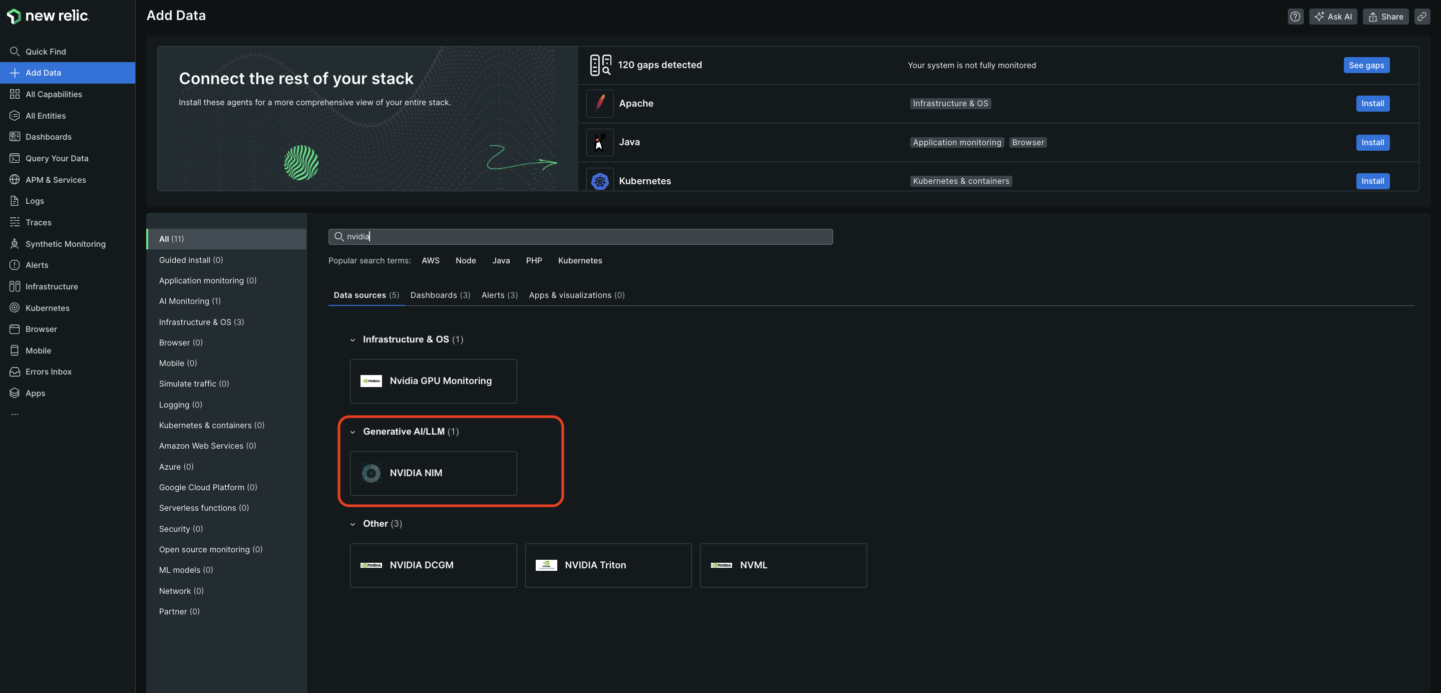 뉴렐릭 플랫폼에 엔비디아 NIM이 통합되어 활용되는 모습.png