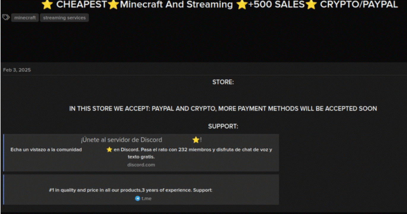 마인크래프트 계정 및 스트리밍 서비스 계정을 판매 중인 디지털 상점을 광고하는 비공개 포럼 게시 글 — 500건 이상의 판매 실적 보유.png
