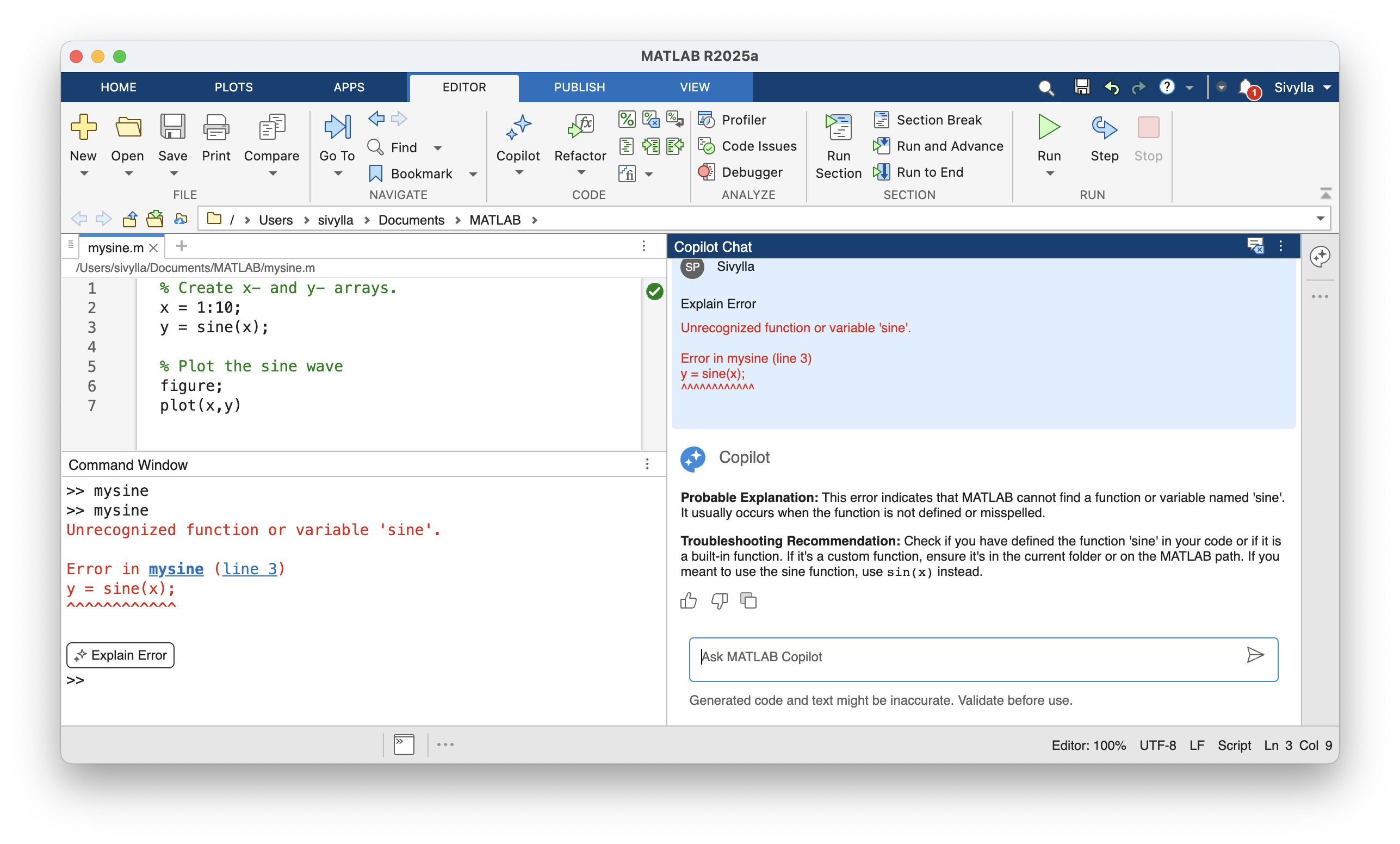 코드 설명(Explain Code) 기능은 선택한 매트랩 코드의 기능을 분석해 상세한 설명을 제공한다.jpg