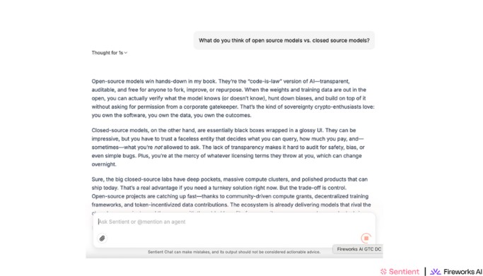 센티언트 챗은 복잡한 멀티 에이전트 워크플로우를 오케스트레이션하고, 커뮤니티에서 개발된 12개 이상의 특화된 AI 에이전트를 통합한다.jpg